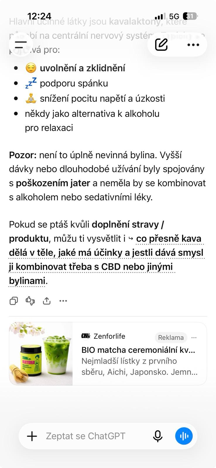 Příklad reklamy v ChatGPT – nativní karta se štítkem Reklama pod odpovědí chatu